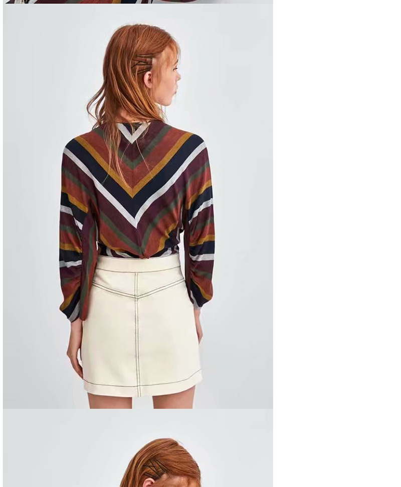 Fashion Multi-color V Neckline Design Stripe Pattern Blouse,Tank Tops & Camis