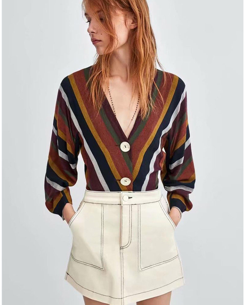 Fashion Multi-color V Neckline Design Stripe Pattern Blouse,Tank Tops & Camis