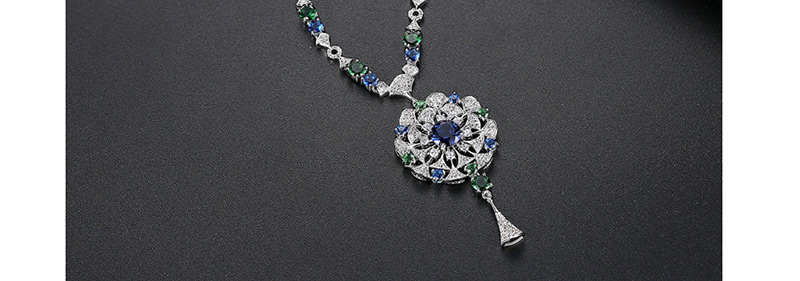 Fashion Green+blue Flower Shape Decorated Full Diamond Necklace,Necklaces