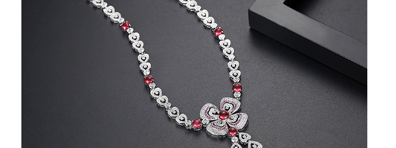 Fashion Silver Color+red Flower Shape Decorated Full Diamond Necklace,Necklaces
