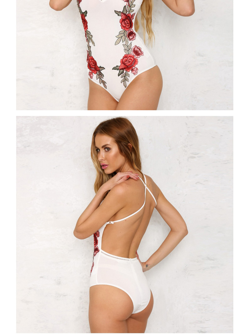 Sexy White Off-the-shoulder Design Flower Patternm Swimwear,Pants