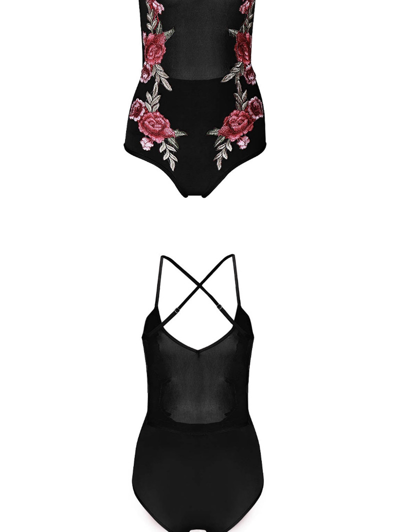 Sexy Black Off-the-shoulder Design Flower Patternm Swimwear,Pants