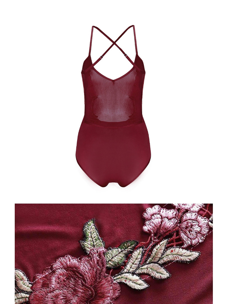 Sexy Claret Red Off-the-shoulder Design Flower Patternm Swimwear,Pants