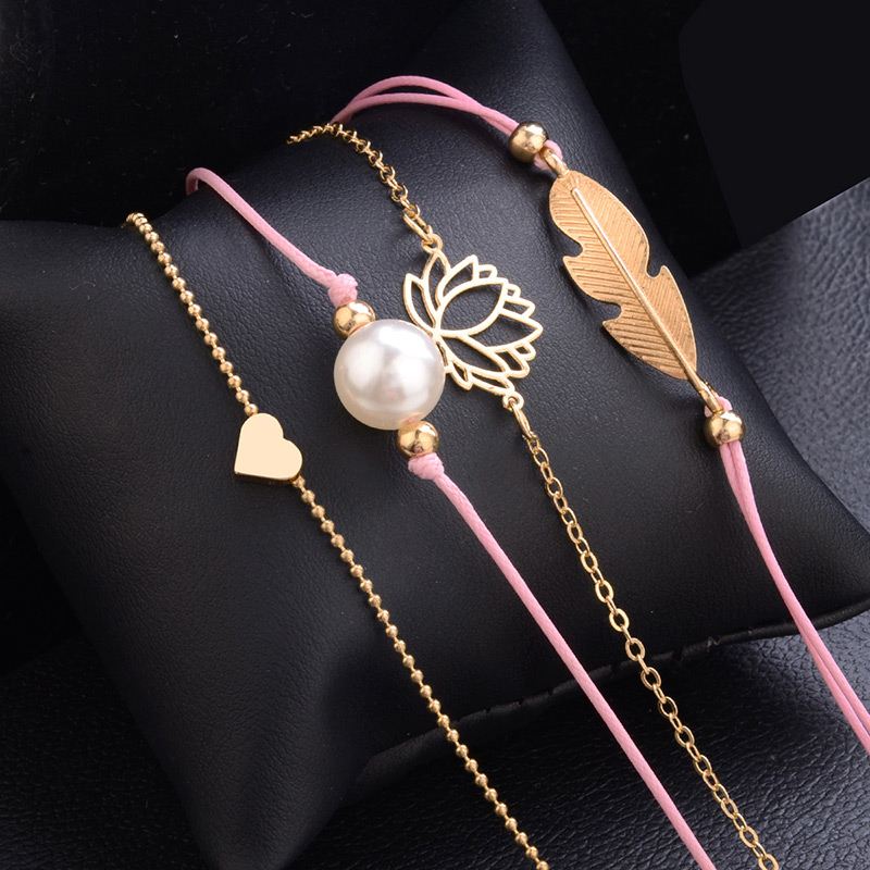 Fashion Gold Color+pink Heart&leaf Shape Decorated Bracelet (4 Pcs ),Fashion Bracelets