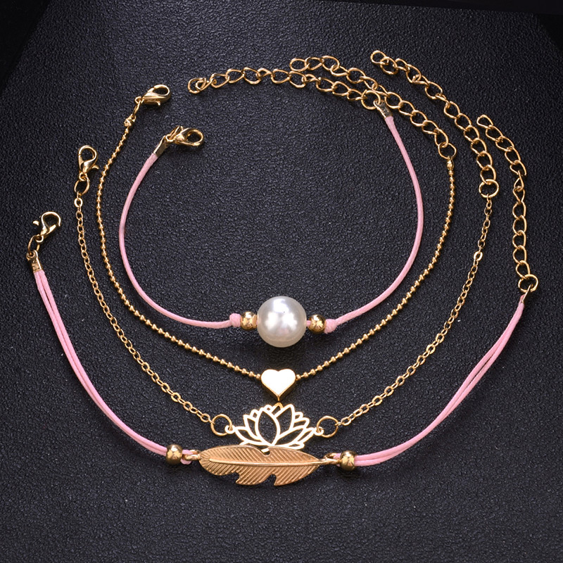 Fashion Gold Color+pink Heart&leaf Shape Decorated Bracelet (4 Pcs ),Fashion Bracelets