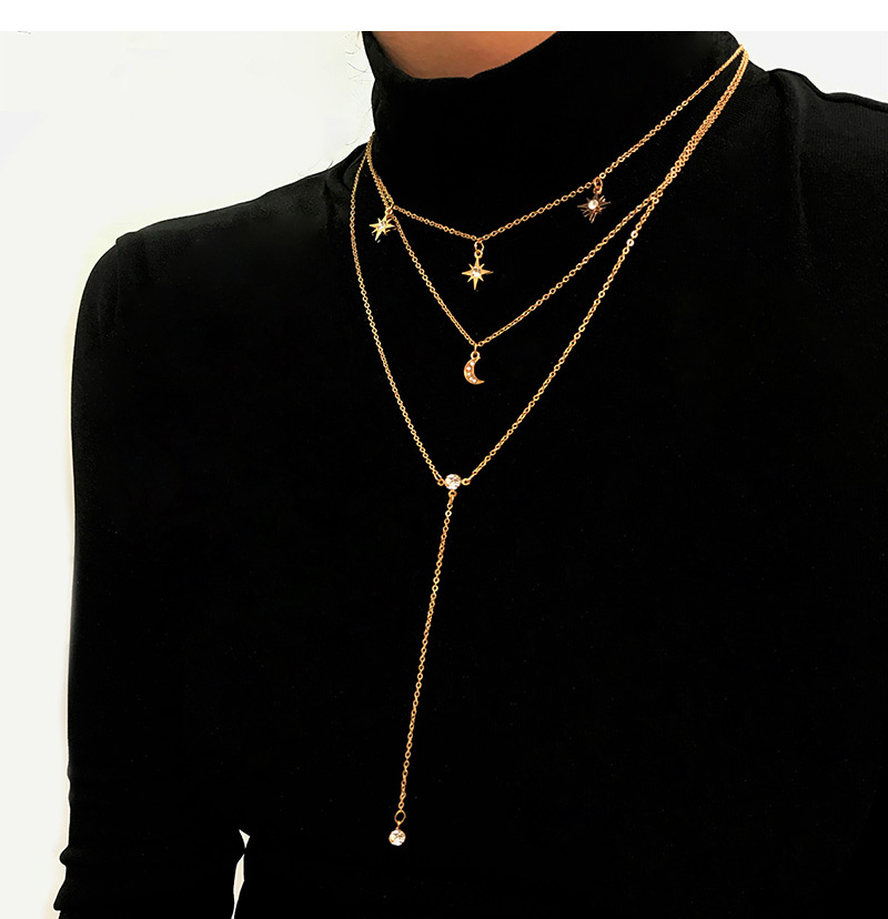 Fashion Gold Color Moon&star Shape Decorated Necklace,Multi Strand Necklaces