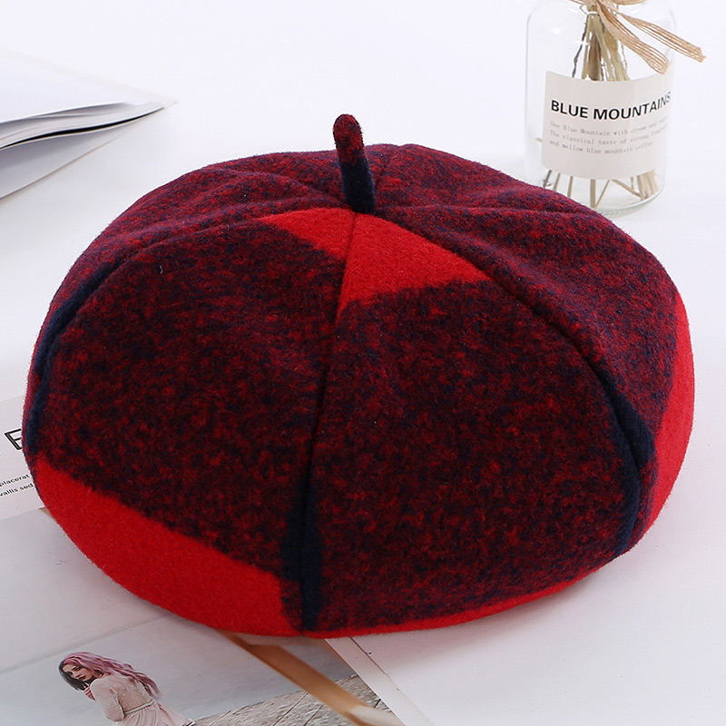 Fashion Claret Red Grid Pattern Decorated Berets,Beanies&Others