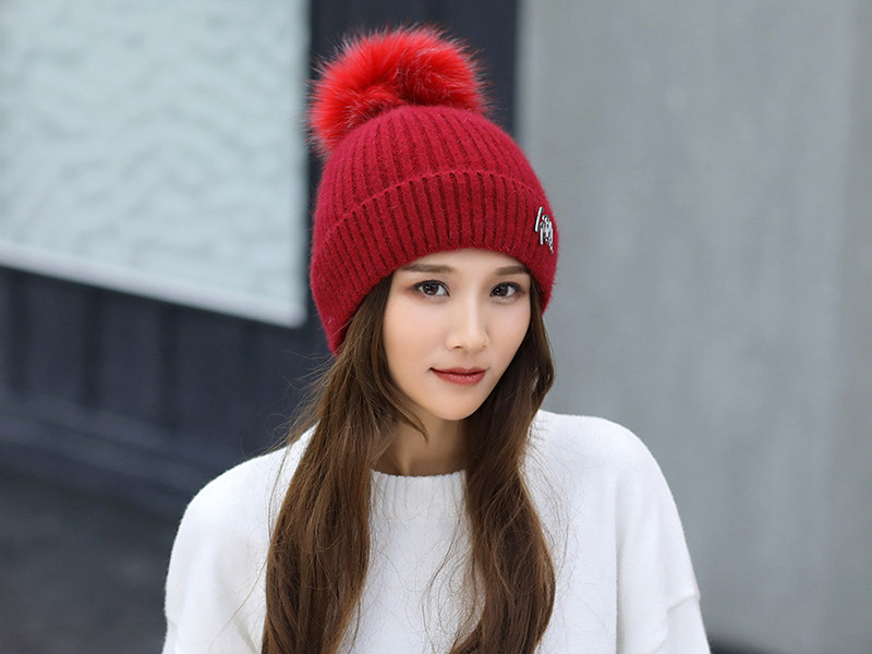 Fashion Red Pom Ball Decorated Pure Color Hat,Knitting Wool Hats
