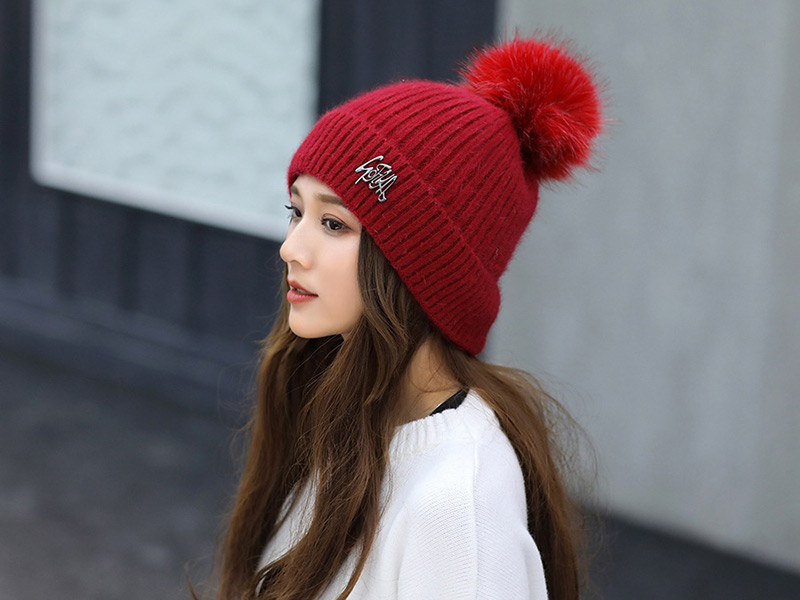 Fashion Red Pom Ball Decorated Pure Color Hat,Knitting Wool Hats