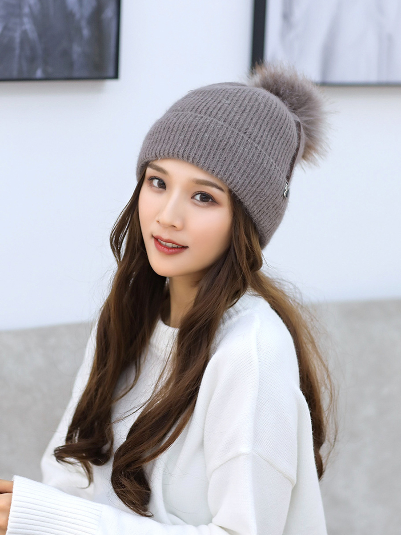 Fashion Gary Pom Ball Decorated Pure Color Hat,Knitting Wool Hats