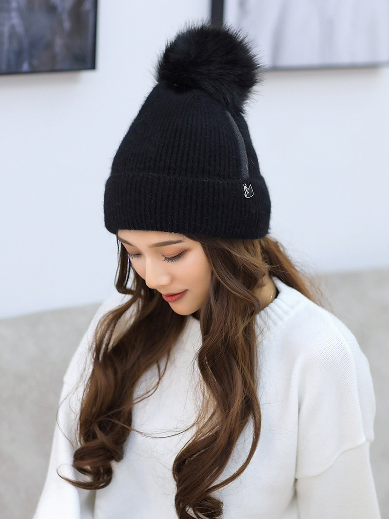 Fashion Black Pom Ball Decorated Pure Color Hat,Knitting Wool Hats