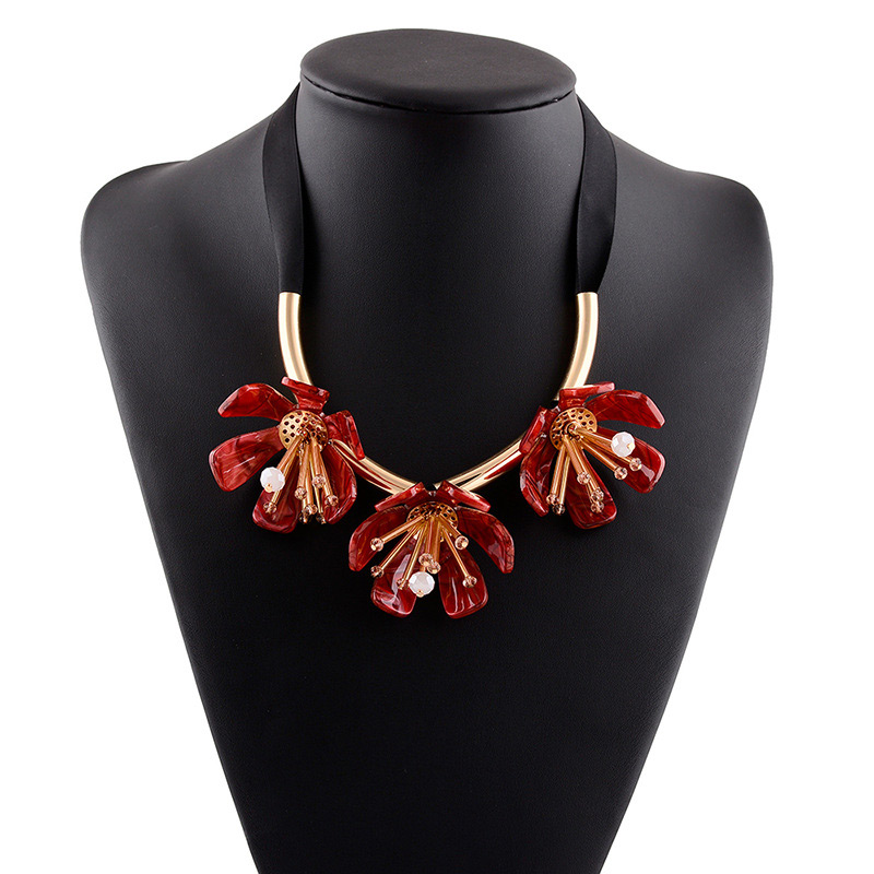 Fashion Red Beads Decorated Flowers Shape Necklace,Bib Necklaces