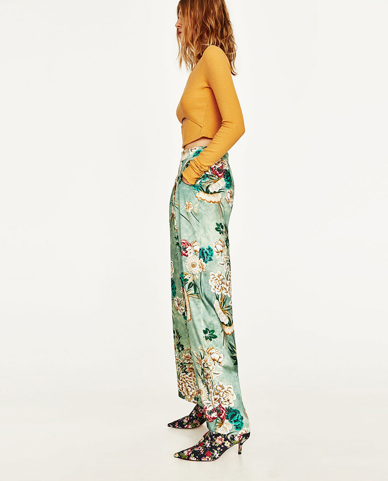Fashion Green Flower Pattern Decorated Trousers,Pants