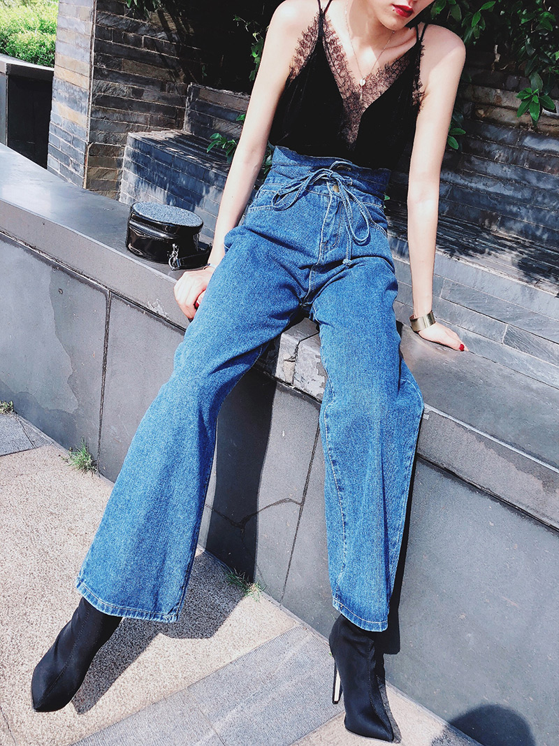 Fashion Blue Pure Color Decorated Trousers,Pants