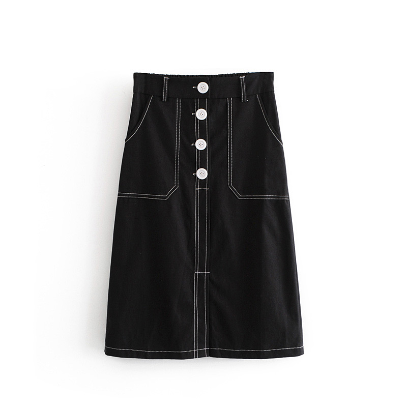 Fashion Black Button Decorated Pure Color Skirt,Skirts