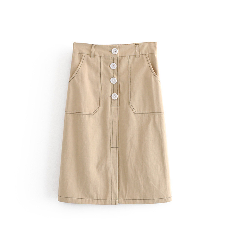 Fashion Khaki Button Decorated Pure Color Skirt,Skirts
