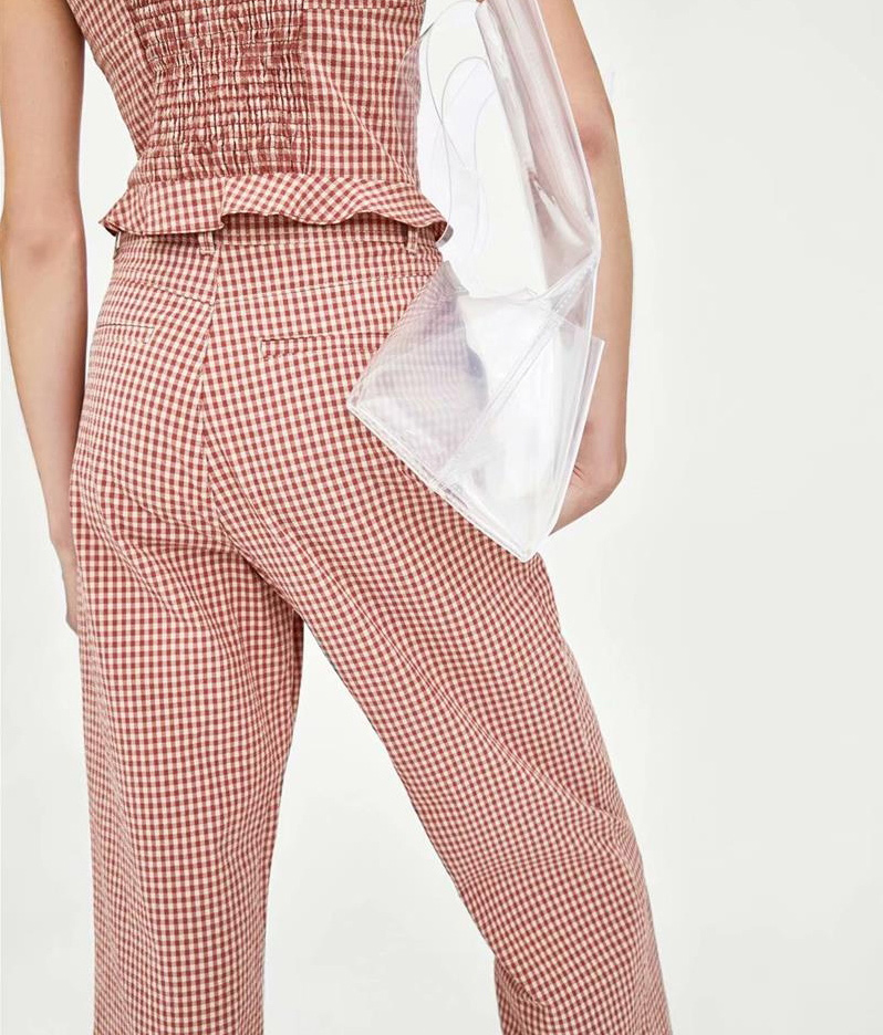 Fashion Pink Grid Pattern Decorated Loose Pants,Pants