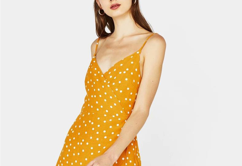 Fashion Yellow Dots Pattern Decorated Suspender Dress,Long Dress