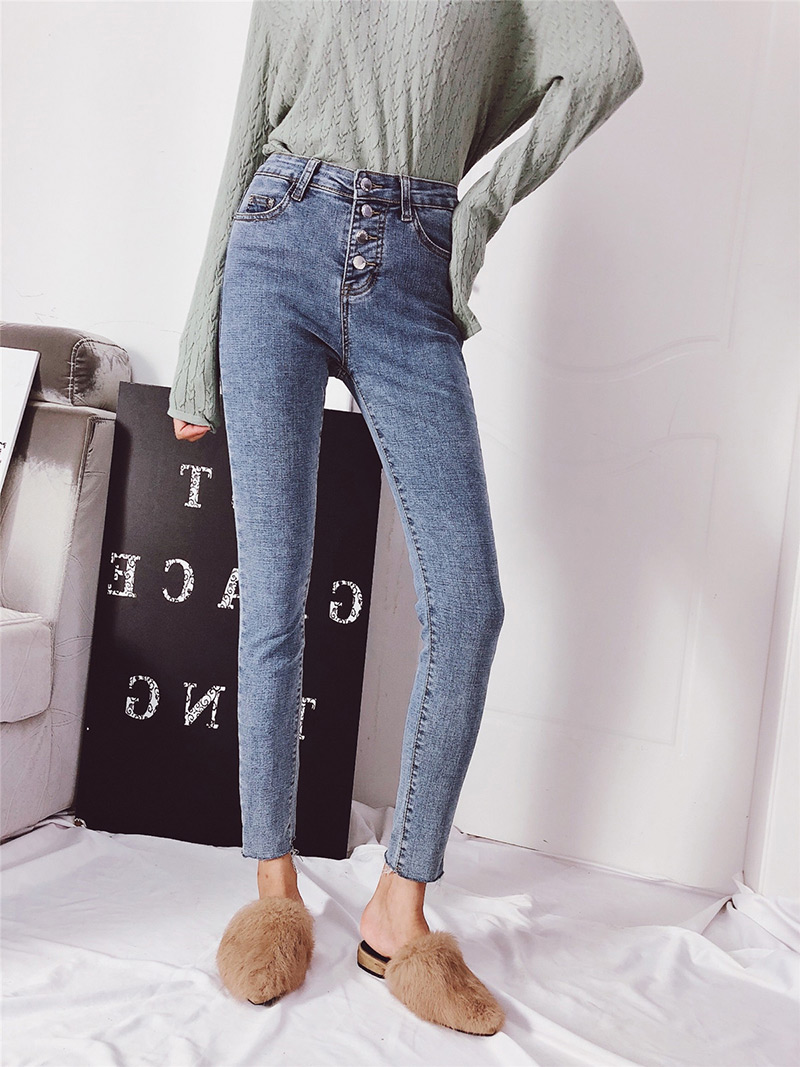 Fashion Blue Pure Color Decorated Higher-elastic Jeans,Pants