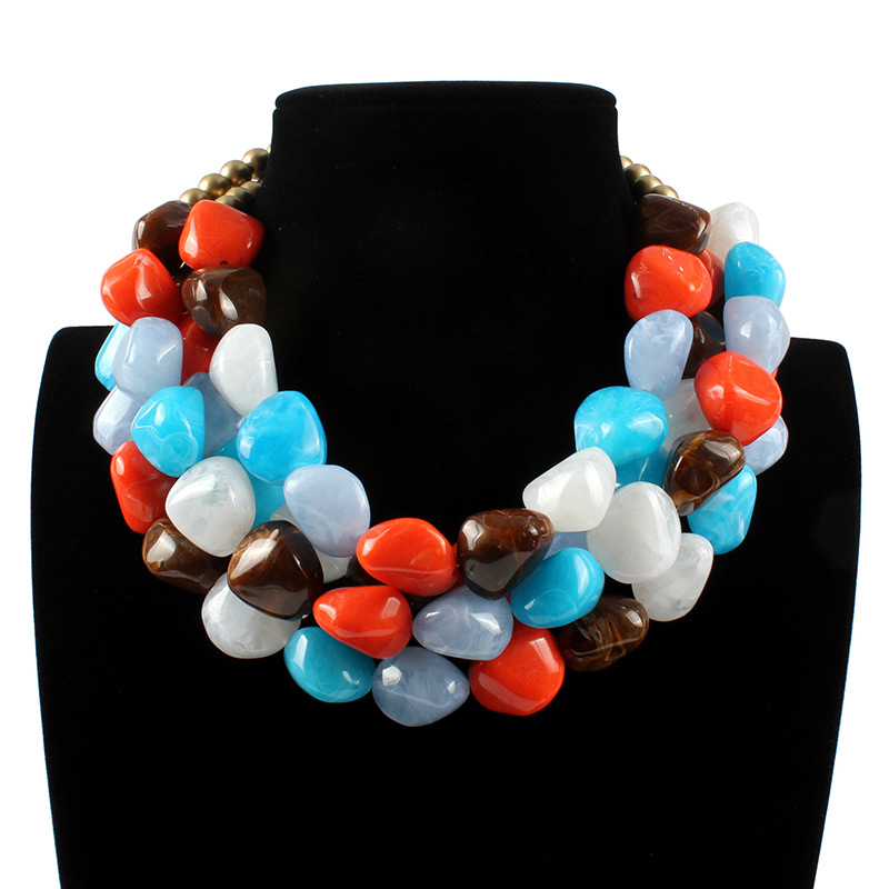 Fashion Pale Blue+orange Stone Shape Design Color Matching Necklace,Beaded Necklaces