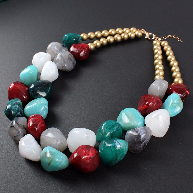 Fashion Green+white Stone Shape Design Color Matching Necklace,Beaded Necklaces