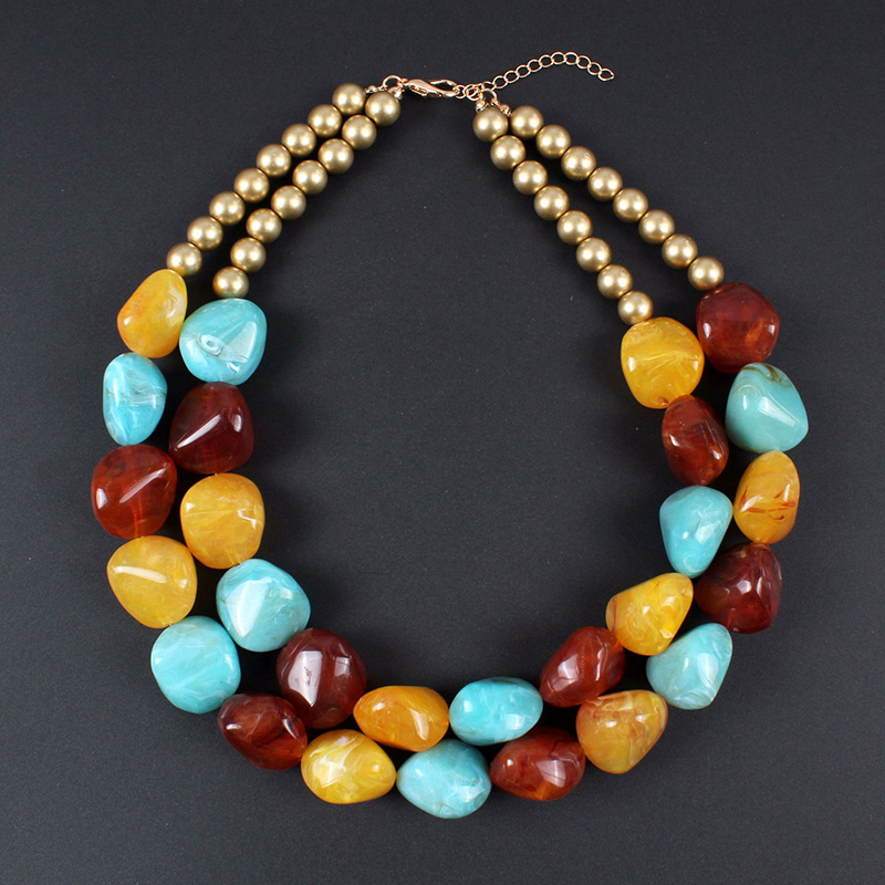 Fashion Pale Blue+orange Stone Shape Design Color Matching Necklace,Beaded Necklaces