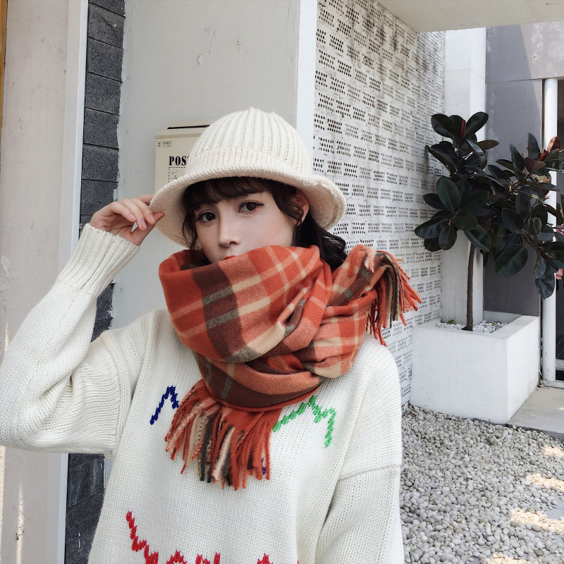 Fashion Red Tassel Decorated Grid Shape Design Scarf,knitting Wool Scaves