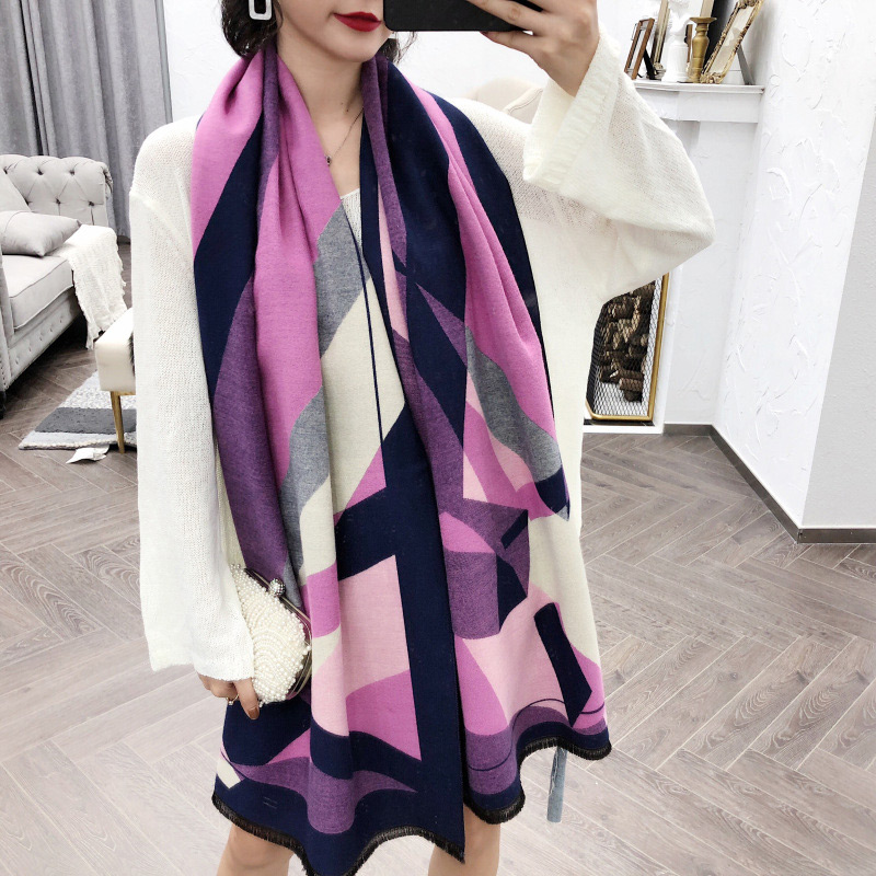 Fashion Pink+gray Geometric Shape Pattern Design Dual-use Scarf,knitting Wool Scaves