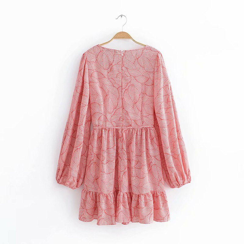 Fashion Pink Leaf Pattern Decorated V Neckline Dress,Long Dress