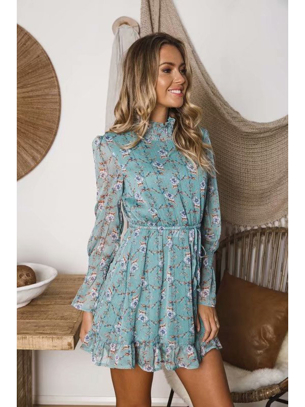 Fashion Pale Green Flowers Pattern Decorated Long Sleeves Dress,Long Dress