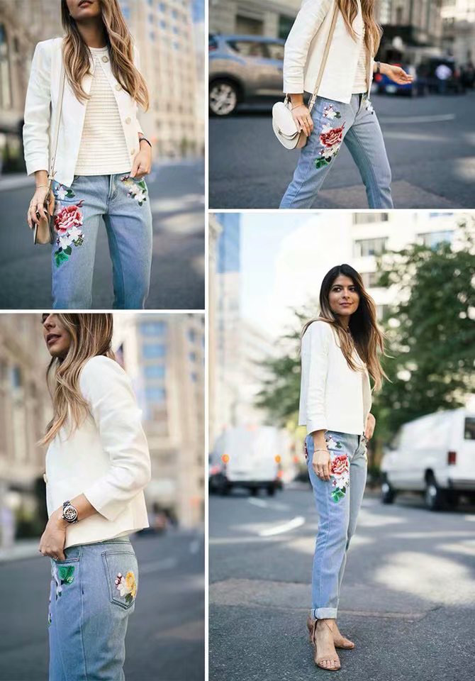 Fashion Blue Embroidered Flowers Decorated Jeans,Pants