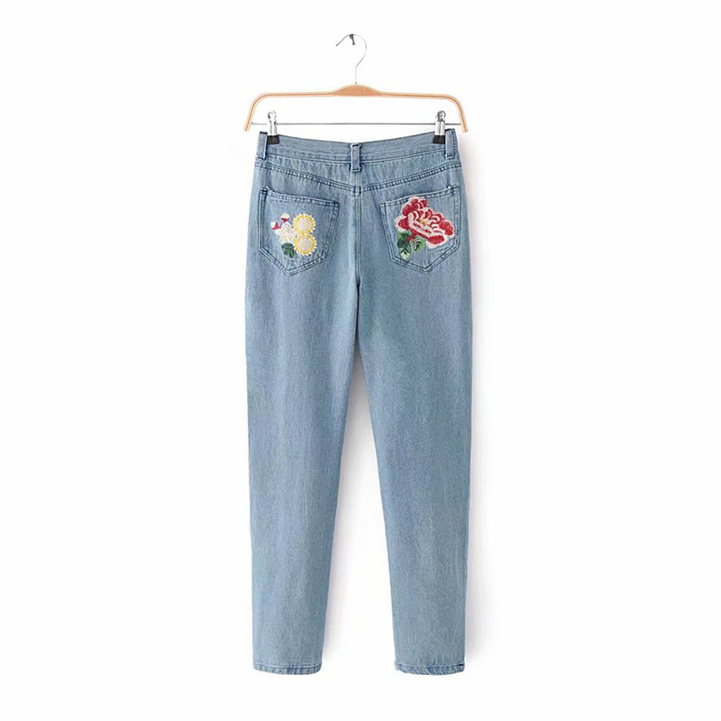 Fashion Blue Embroidered Flowers Decorated Jeans,Pants