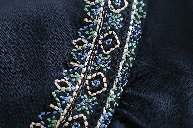 Fashion Navy Embroidered Flowers Decorated Round Neckline Smock,Coat-Jacket