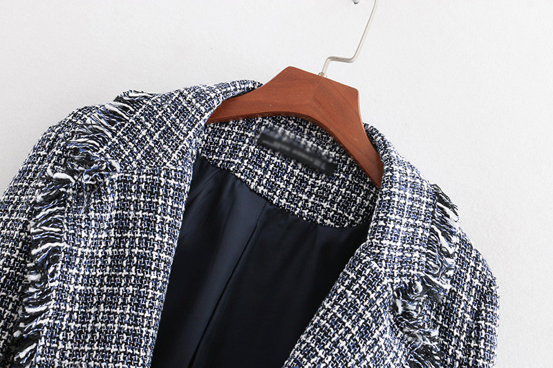Fashion Blue+black Grid Pattern Decorated Long Sleeves Coat,Coat-Jacket
