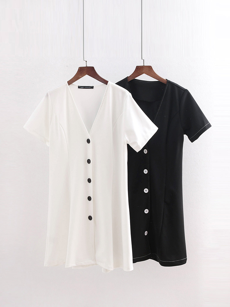 Fashion Black V Neckline Design Pure Color Mini Dress,Long Dress