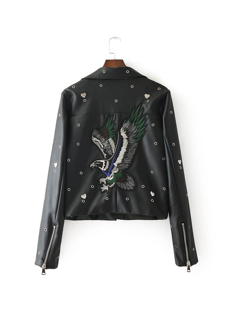Fashion Black Rivets Decorated Pure Color Leather Clothing,Coat-Jacket