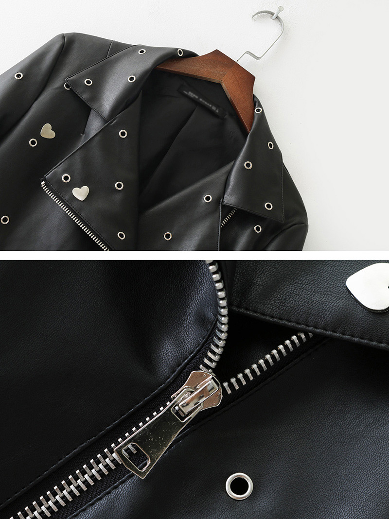 Fashion Black Rivets Decorated Pure Color Leather Clothing,Coat-Jacket