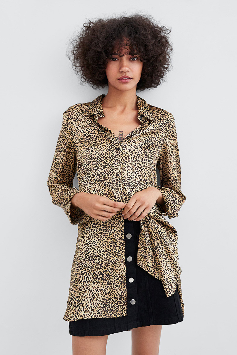 Fashion Light Brown+black Leopard Pattern Decorated Long Sleeves Shirt,Tank Tops & Camis