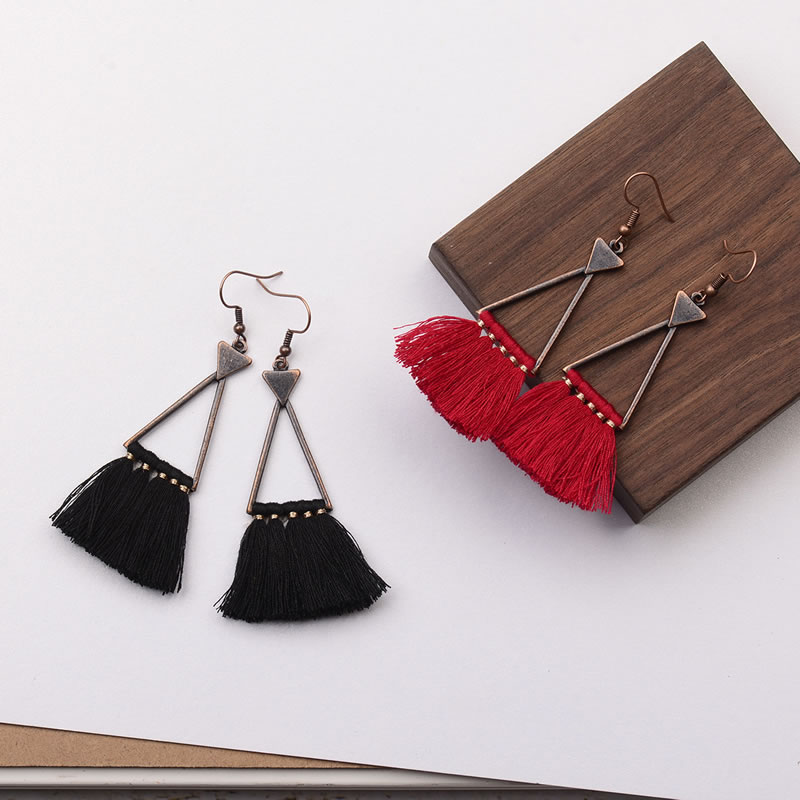 Vinatge Black Tassel Decorated Triangle Shape Earrings,Drop Earrings