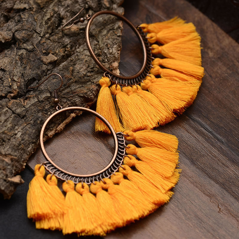 Vinatge Olive Tassel Decorated Circular Ring Earrings,Drop Earrings