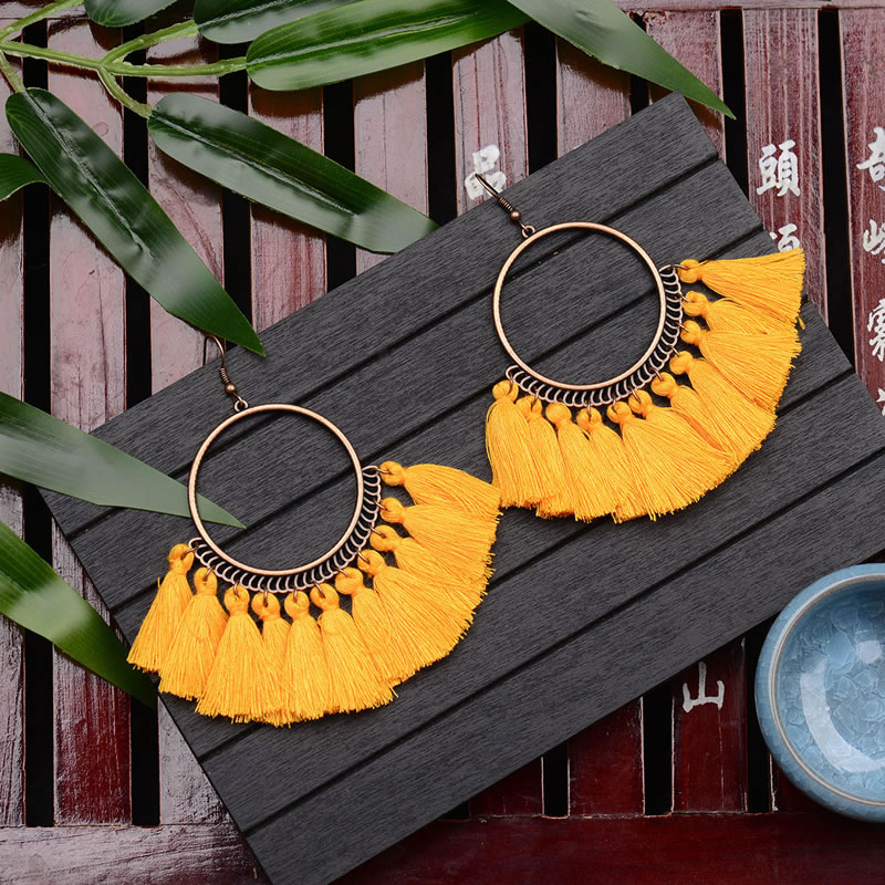 Vinatge Olive Tassel Decorated Circular Ring Earrings,Drop Earrings