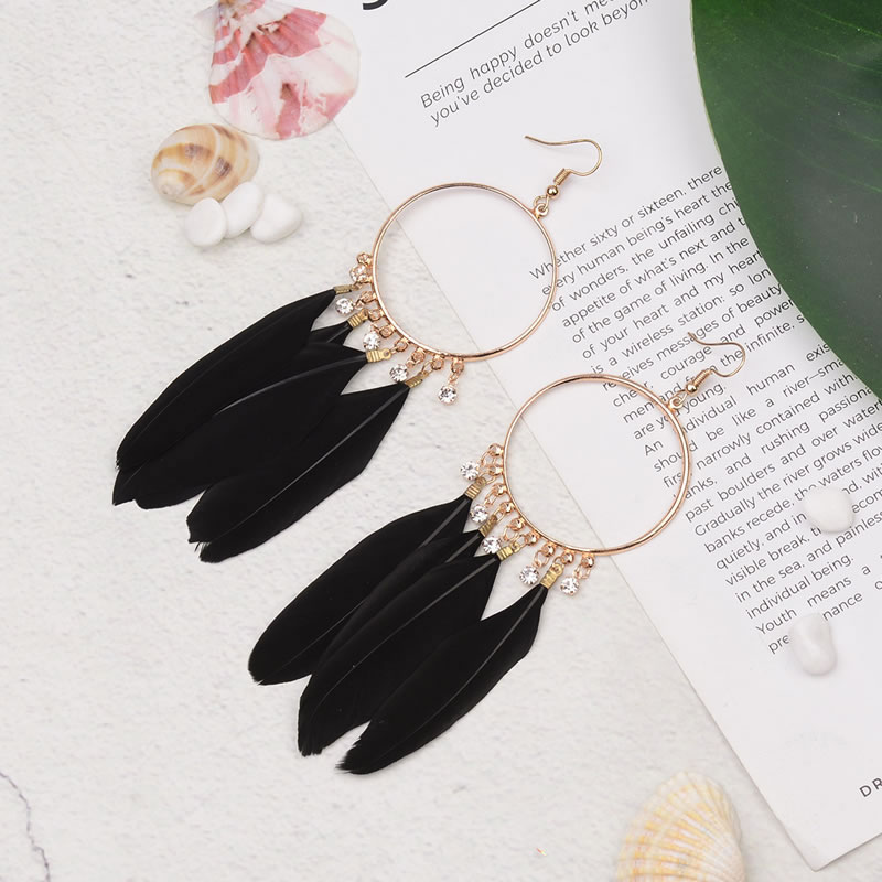 Vinatge Black Feather Decorated Circular Ring Earrings,Drop Earrings