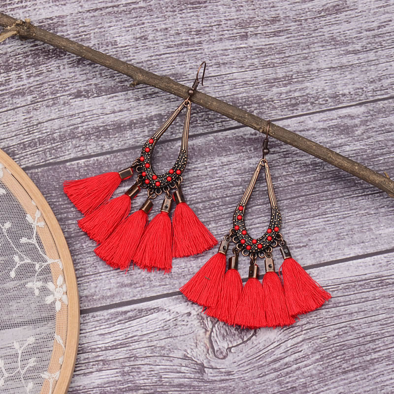 Vinatge Red Tassel Decorated Hollow Out Earrings,Drop Earrings