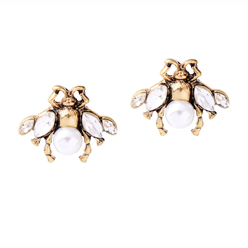Vintage Gold Color Pears Decorated Bee Shape Long Earrings,Stud Earrings