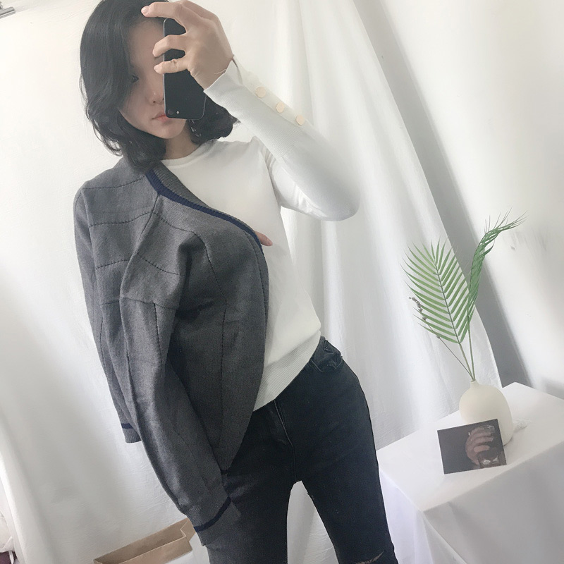 Fashion Dark Gray+black Color Matching Design V Neckline Cardigan,Sweater