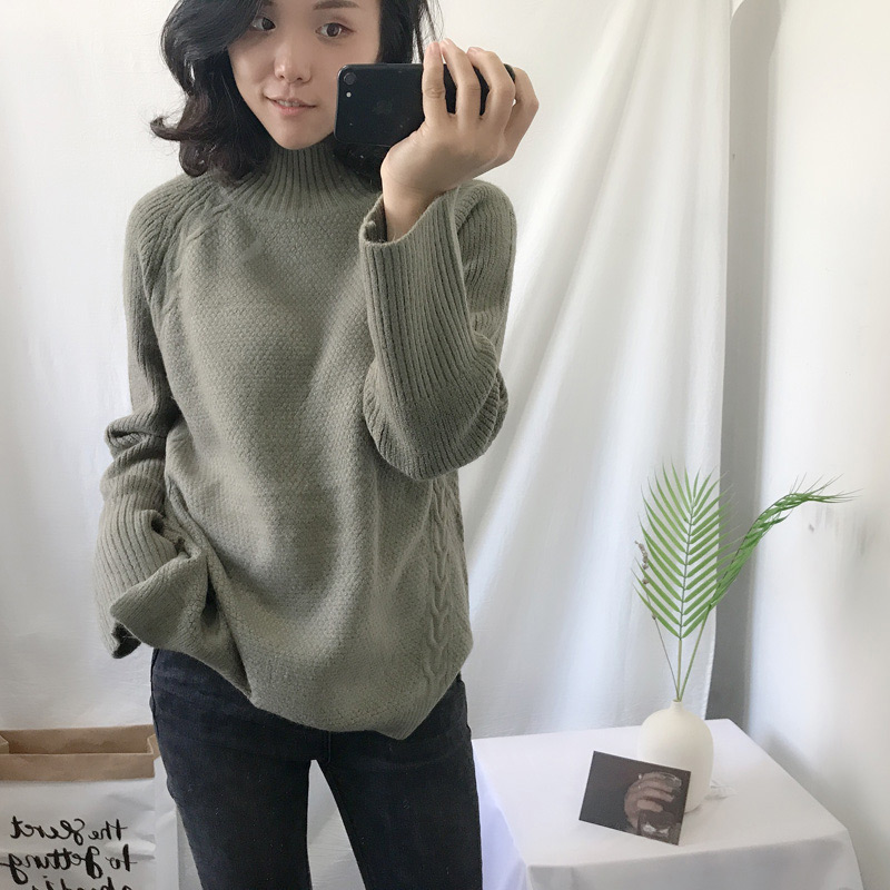 Fashion Green Pure Color Design High Neckline Sweater,Sweater