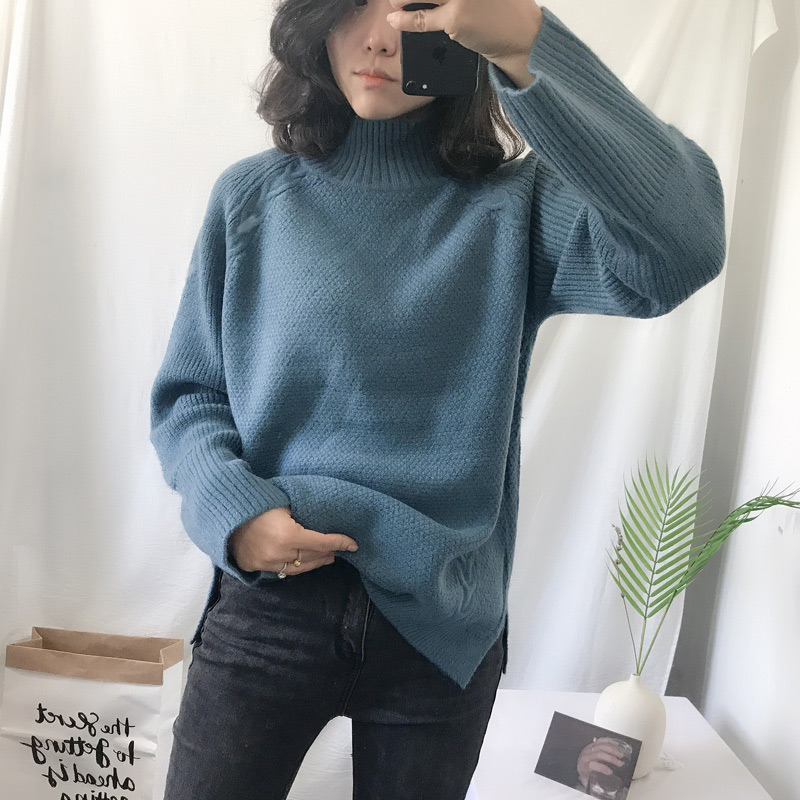 Fashion Gray+blue Pure Color Design High Neckline Sweater,Sweater