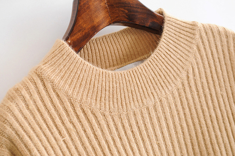 Fashion Khaki Round Neckline Design Pure Color Sweater,Sweater