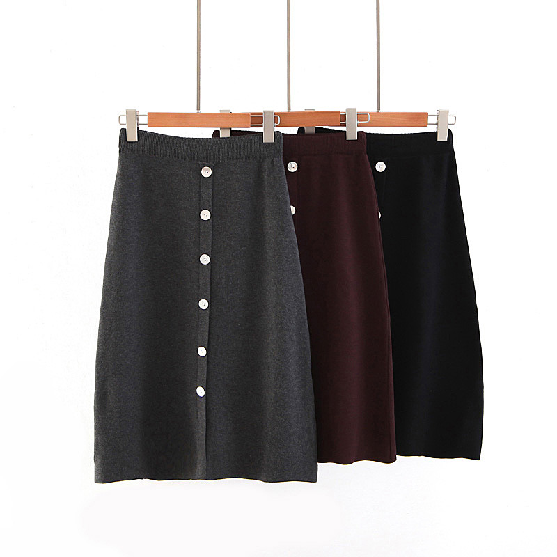 Fashion Gray Buttons Decorated Knitted A-line Skirt,Skirts
