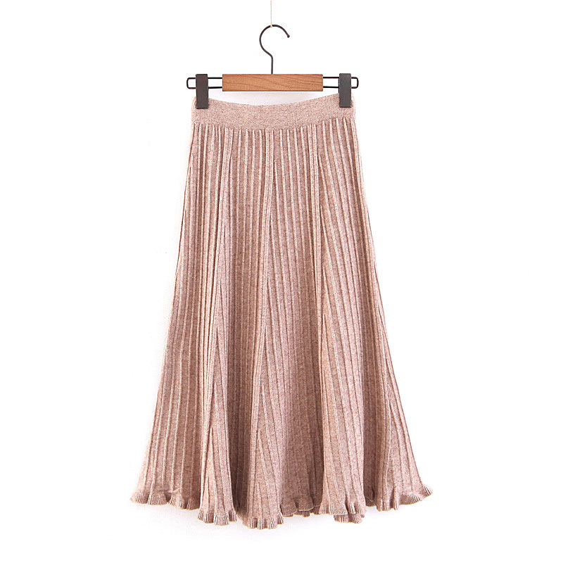Fashion Beige Pure Color Decorated Knitted Skirt,Skirts